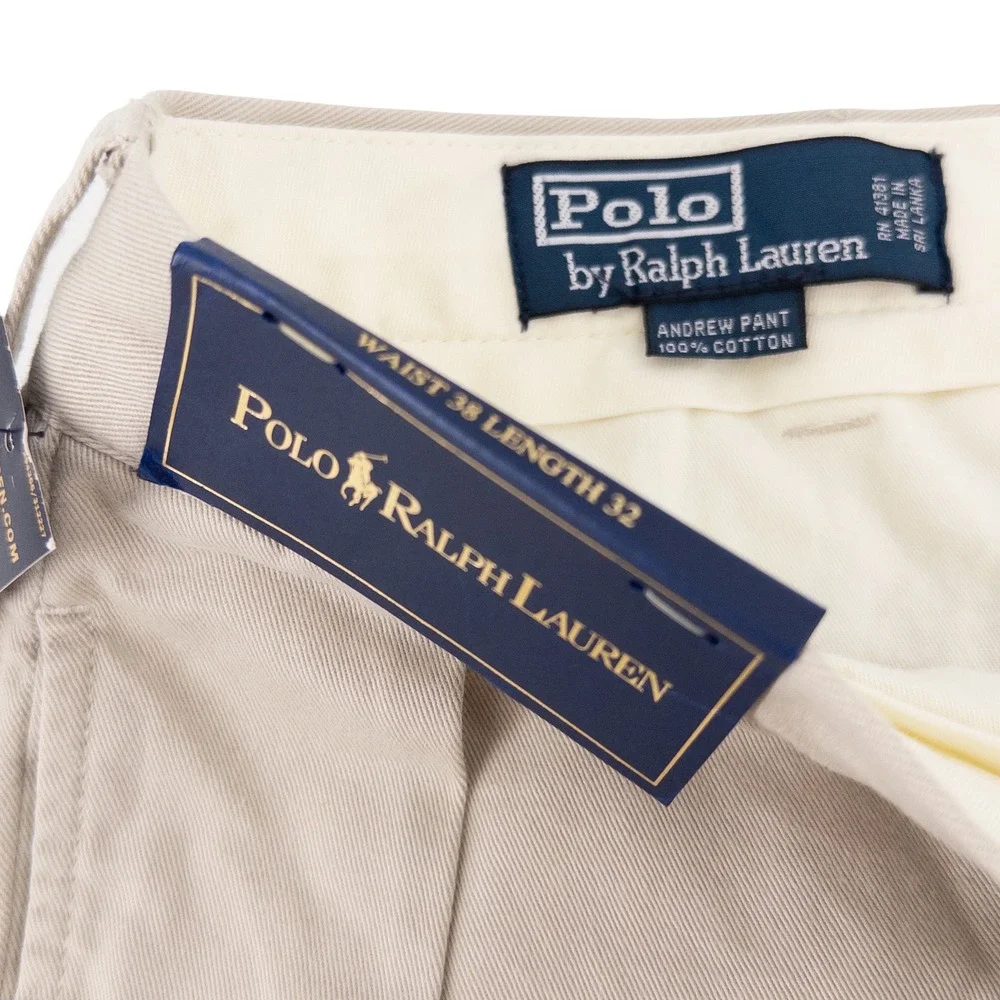 Vintage NWT Deadstock Polo Ralph Lauren Mens 38x32 Andrew Pant Tan Pleated Chino